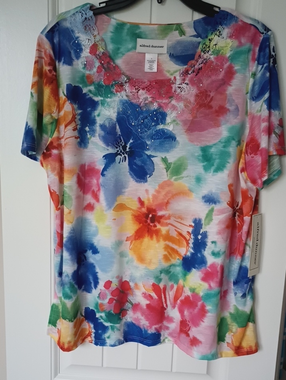 Alfred Dunner Multicolor Floral Watercolor Lace-Trim Top - Large